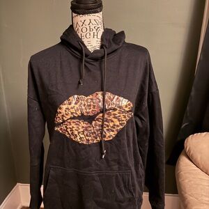 Black Hoodie with Leopard Print Lips
